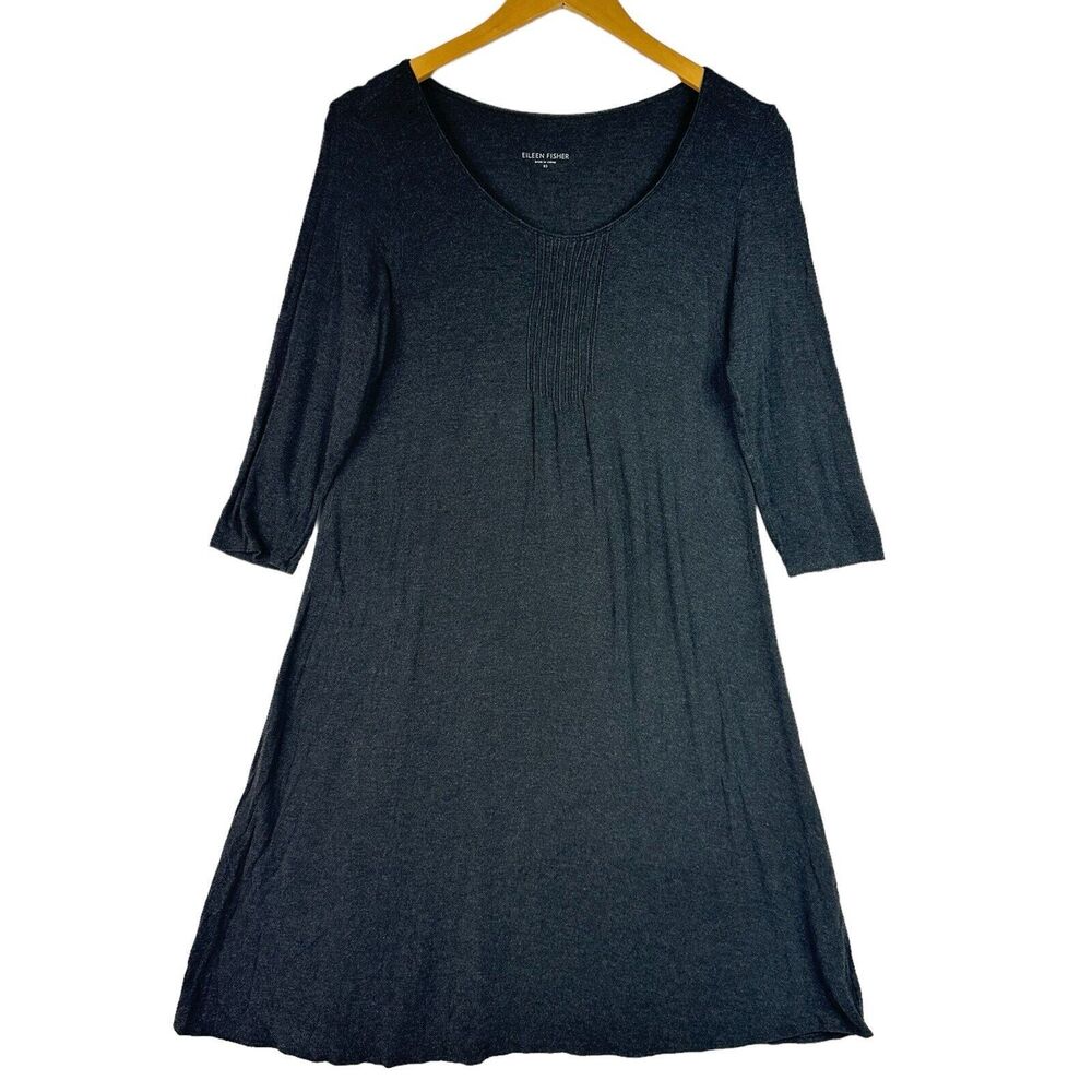 Eileen Fisher Gray Tunic Top XS Jersey Knit 3/4 Sleeve Relaxed Minimalist‎
